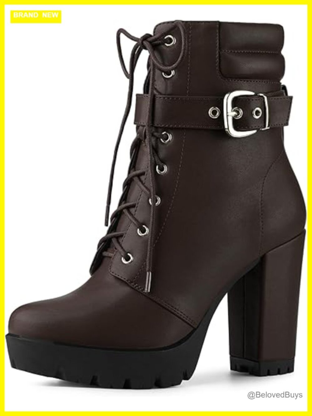 Faux Leather Lace Up Block Heel Combat Ankle Boots with Side Zipper